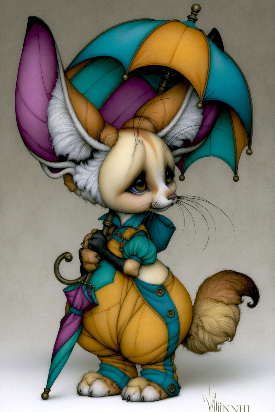 Volpe Fennec Paffuta con Salopette che Tiene un Ombrello Colorato