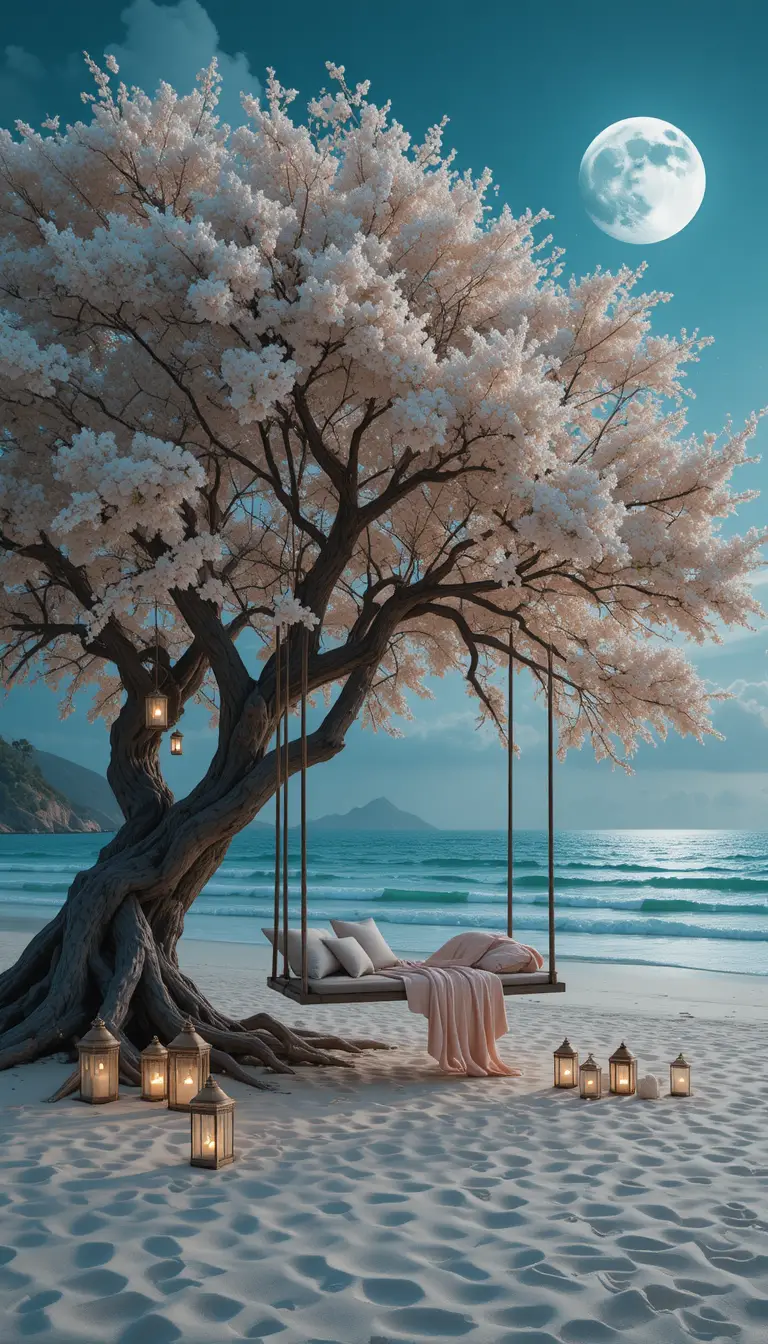 月光下花樹覆蓋的海灘浪漫吊床床