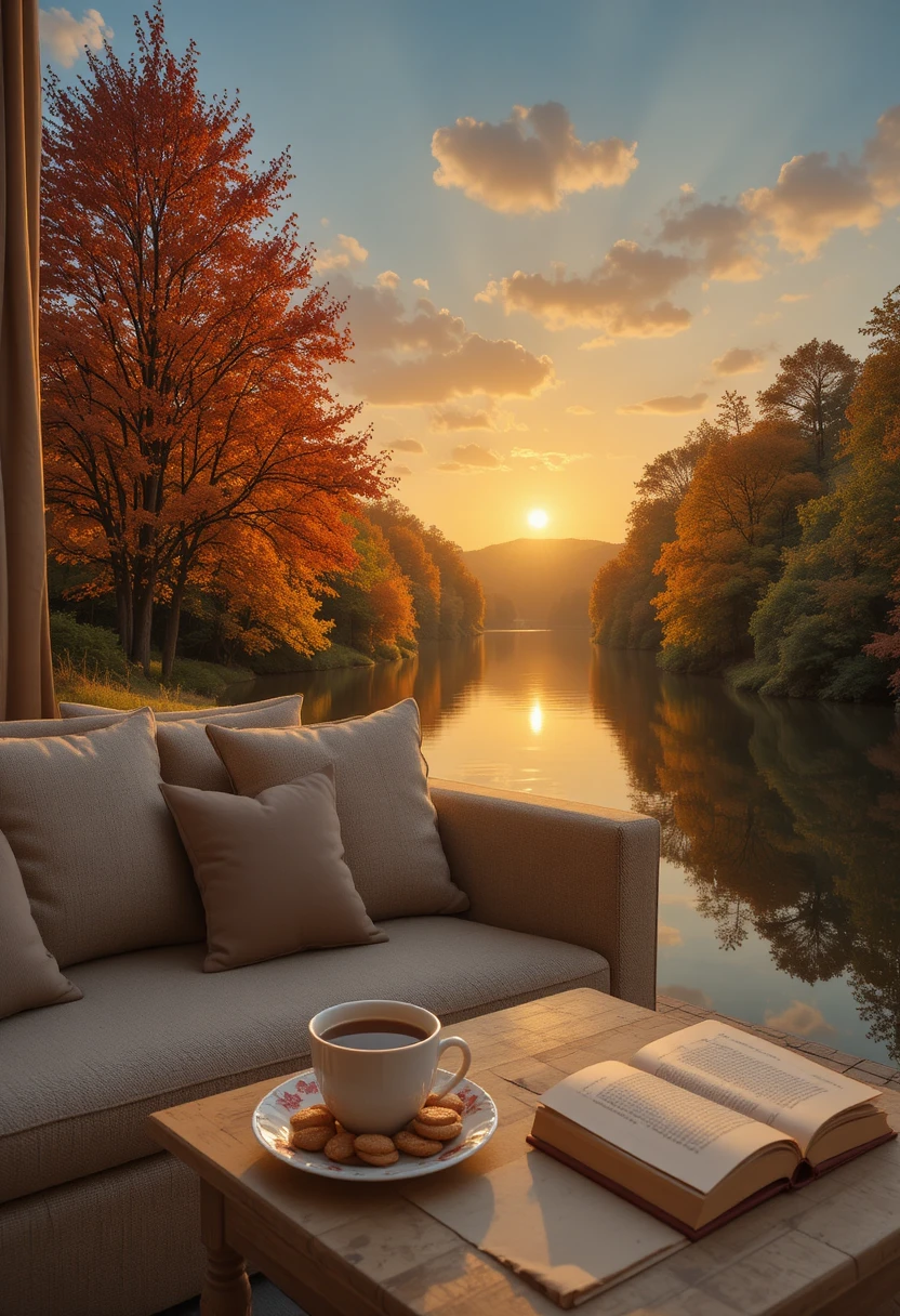 Sunset over autumn trees reflected in a calm river