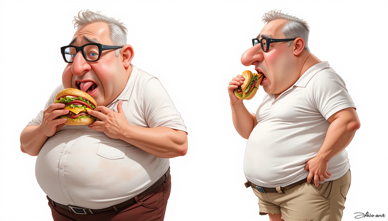 Cartoon before and after weight loss man eating sandwich
