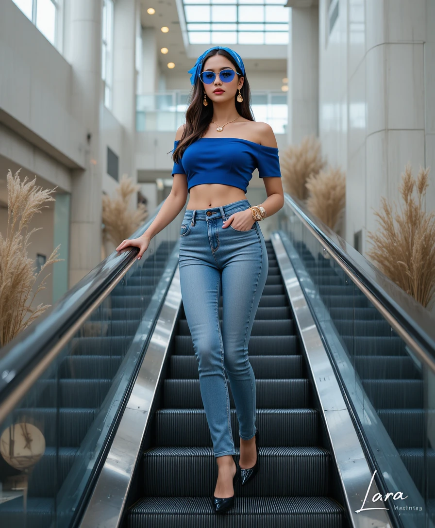 Stylish woman on escalator in luxury shopping mall