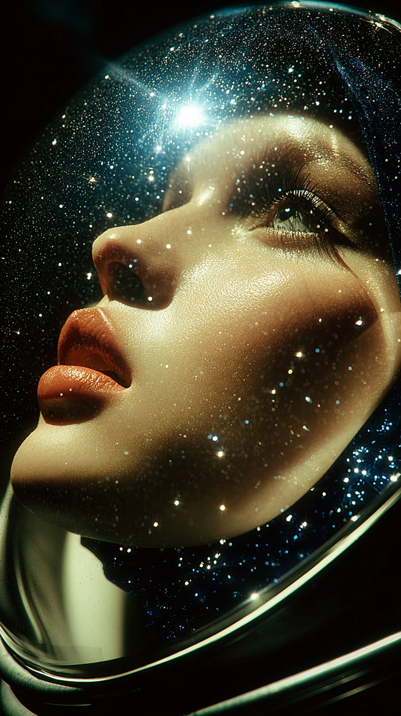 Woman in glittering plastic bubble with surreal fashion style