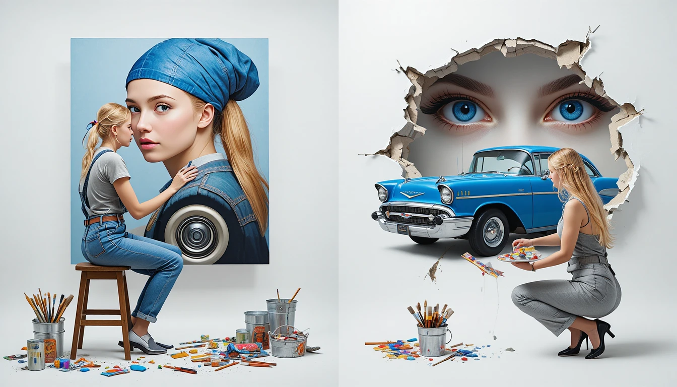 Artista loira pintando um retrato surreal de mulher e carro