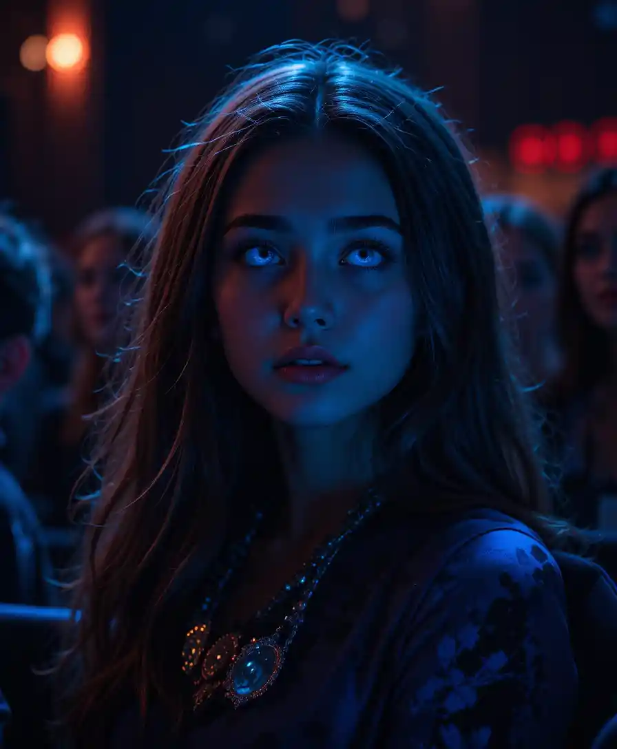 Young woman in blue dress leaning in low key light