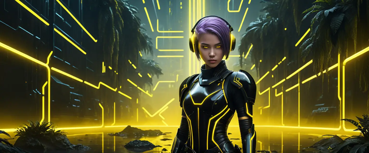 Guerrières adolescentes futuristes aux cheveux violets en formation d’armure néon