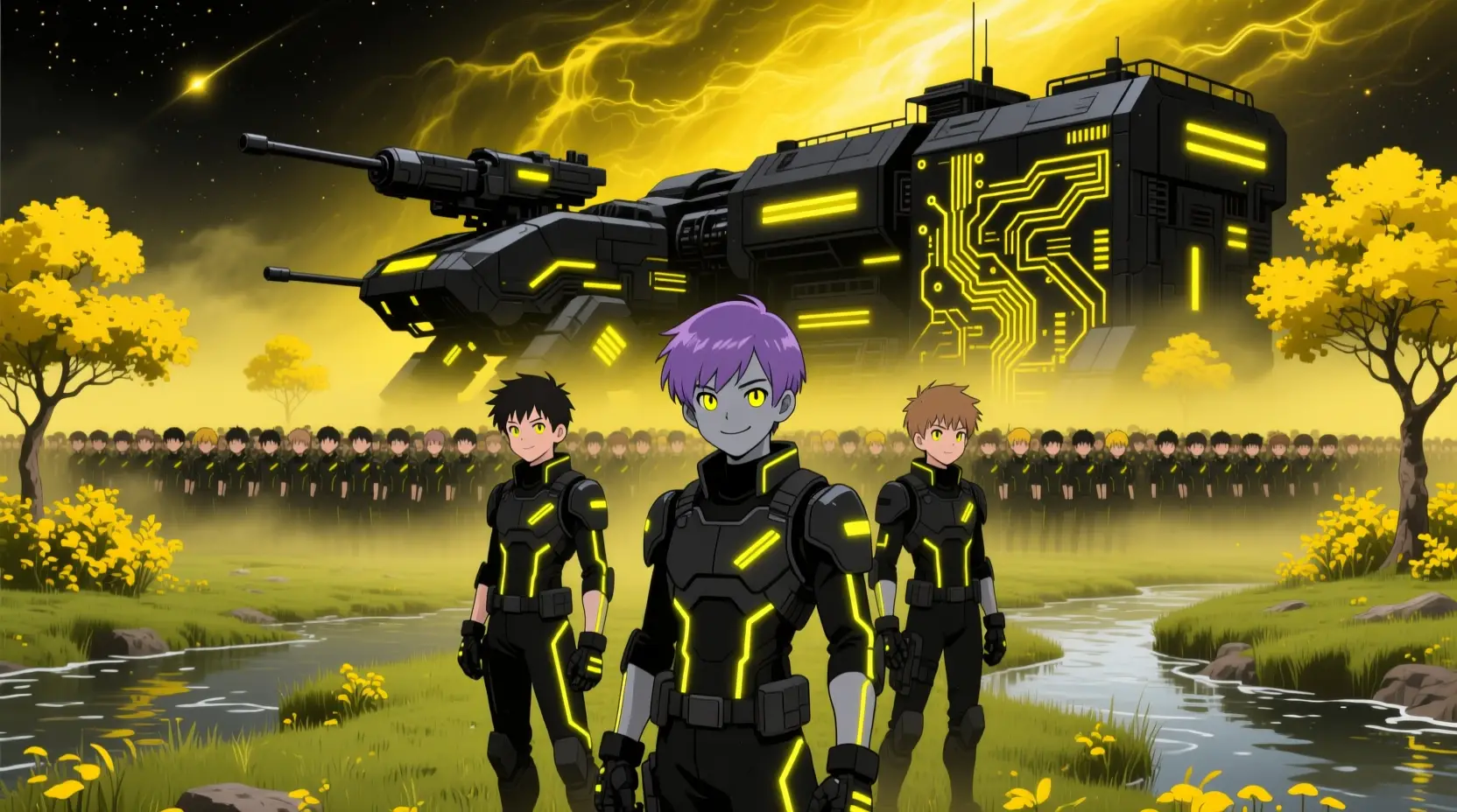 Futuristic army of teenage boys in neon black armor