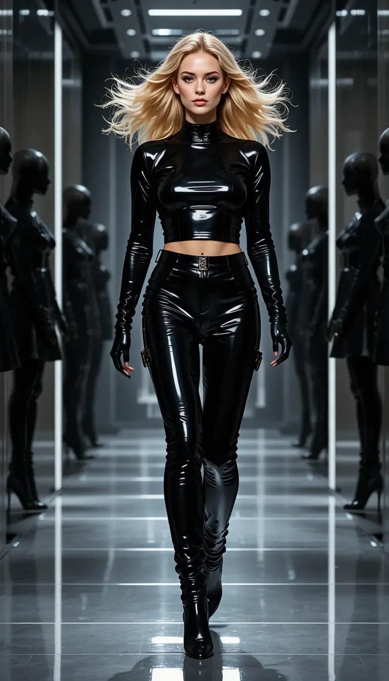 Blonde model in black vinyl outfit on fashion runway