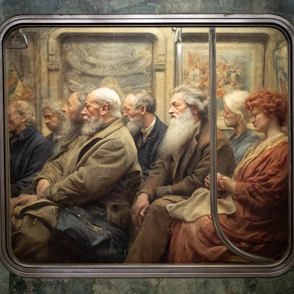 Renaissance inspired commuters on a modern subway train