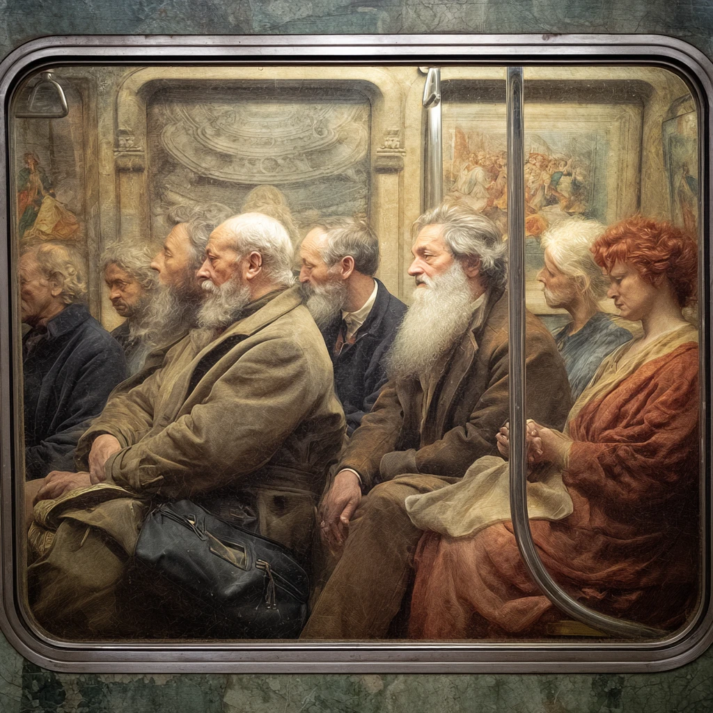 Voyageurs inspirés de la Renaissance dans une rame de métro moderne