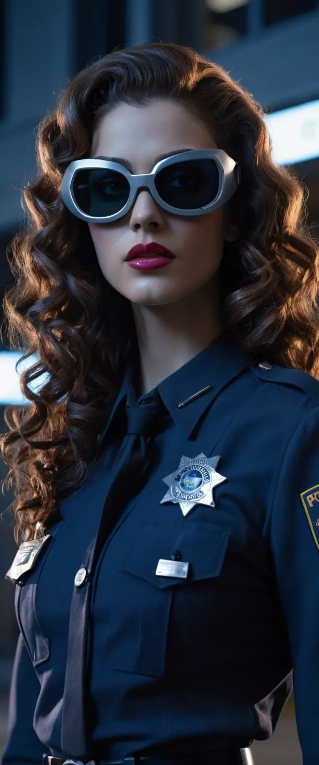 Futuristic woman with robotic arm at night police station