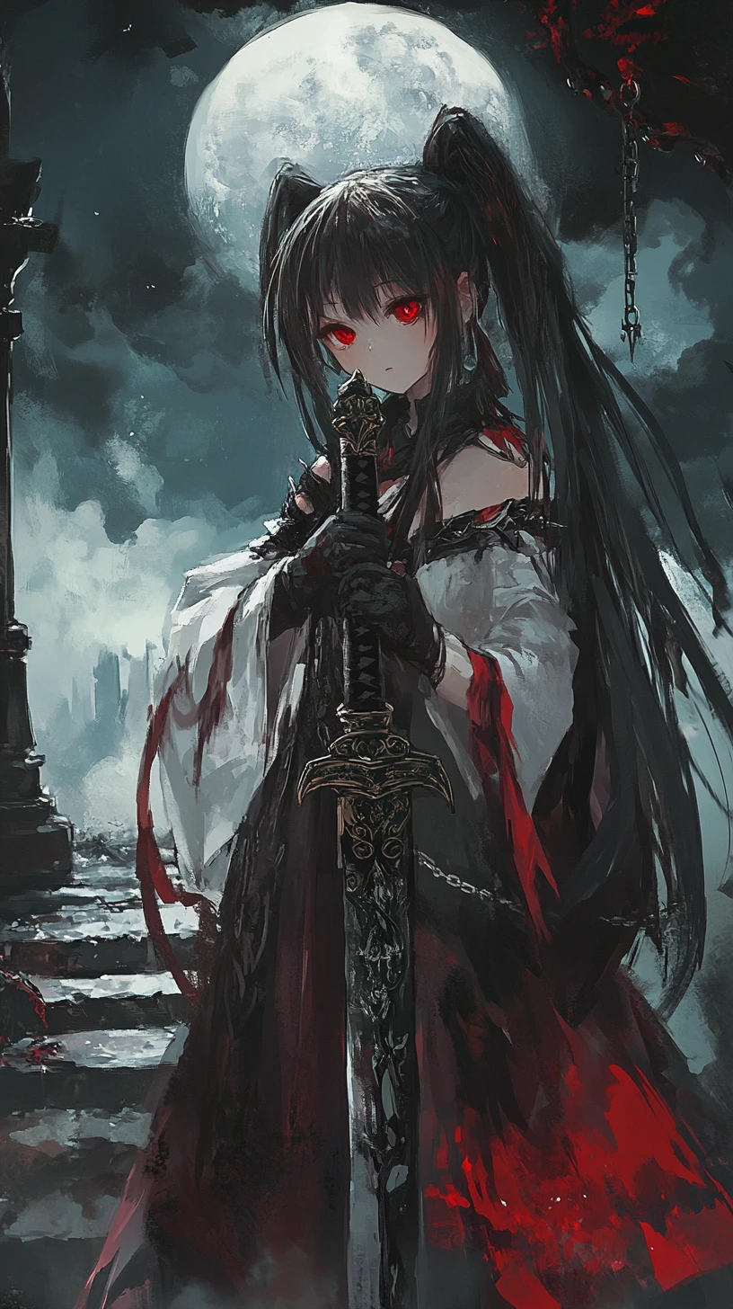 Anime-Mädchen mit heiligem Schwert auf Steinstufen