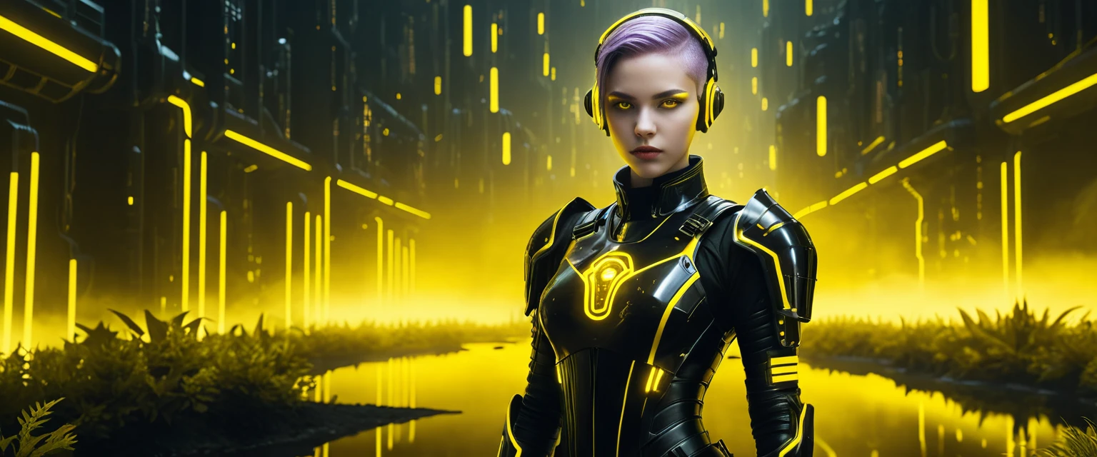 Guerriere adolescenti futuristiche in armatura nera su pianure aliene