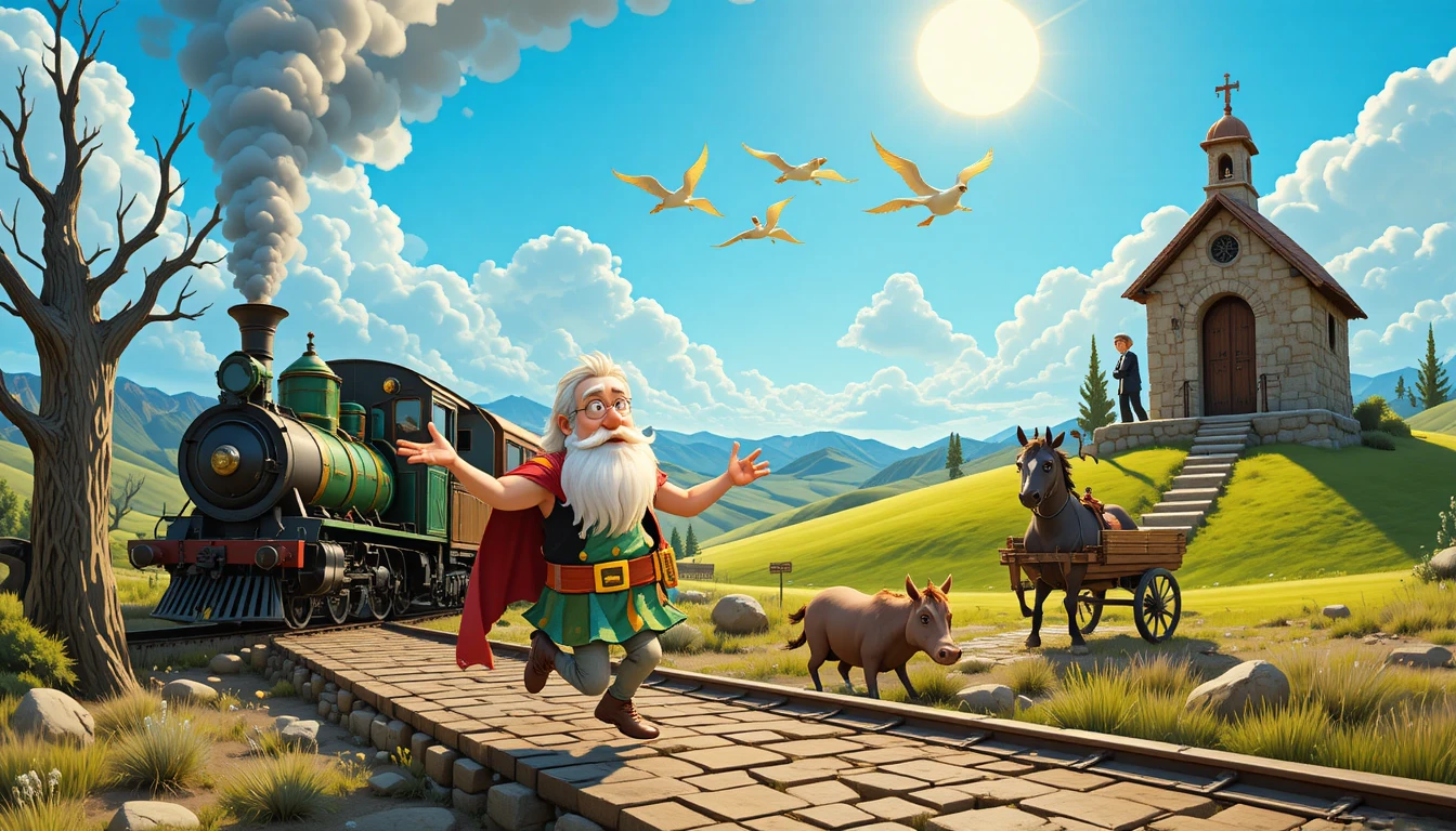 Heróis de desenho animado perseguindo ao lado de um trem ao anoitecer no deserto