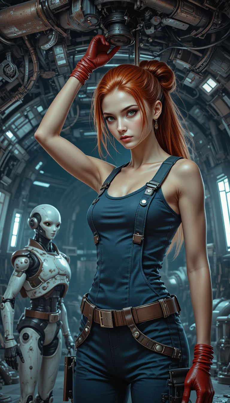 Alien fox mechanic repairing cables beneath a starship