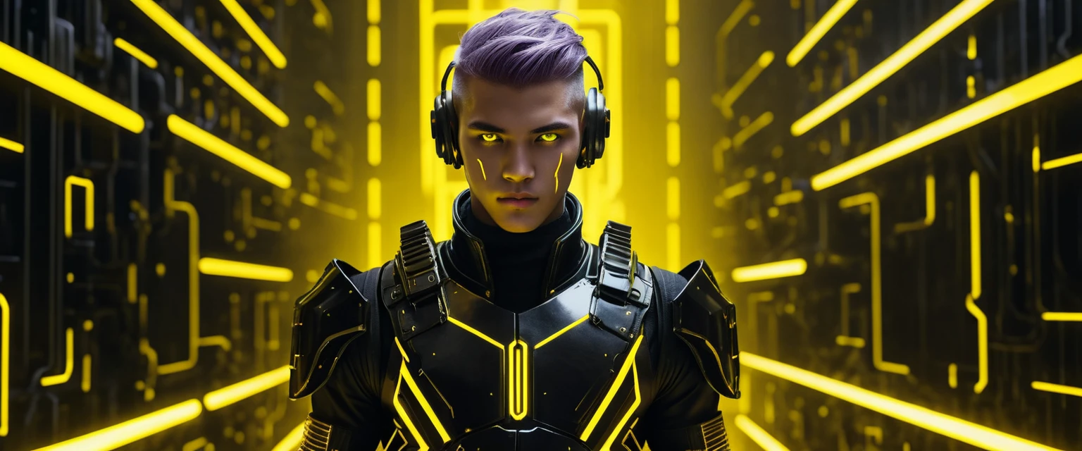 Armée de garçons adolescents à la peau grise en armure sci‑fi néon