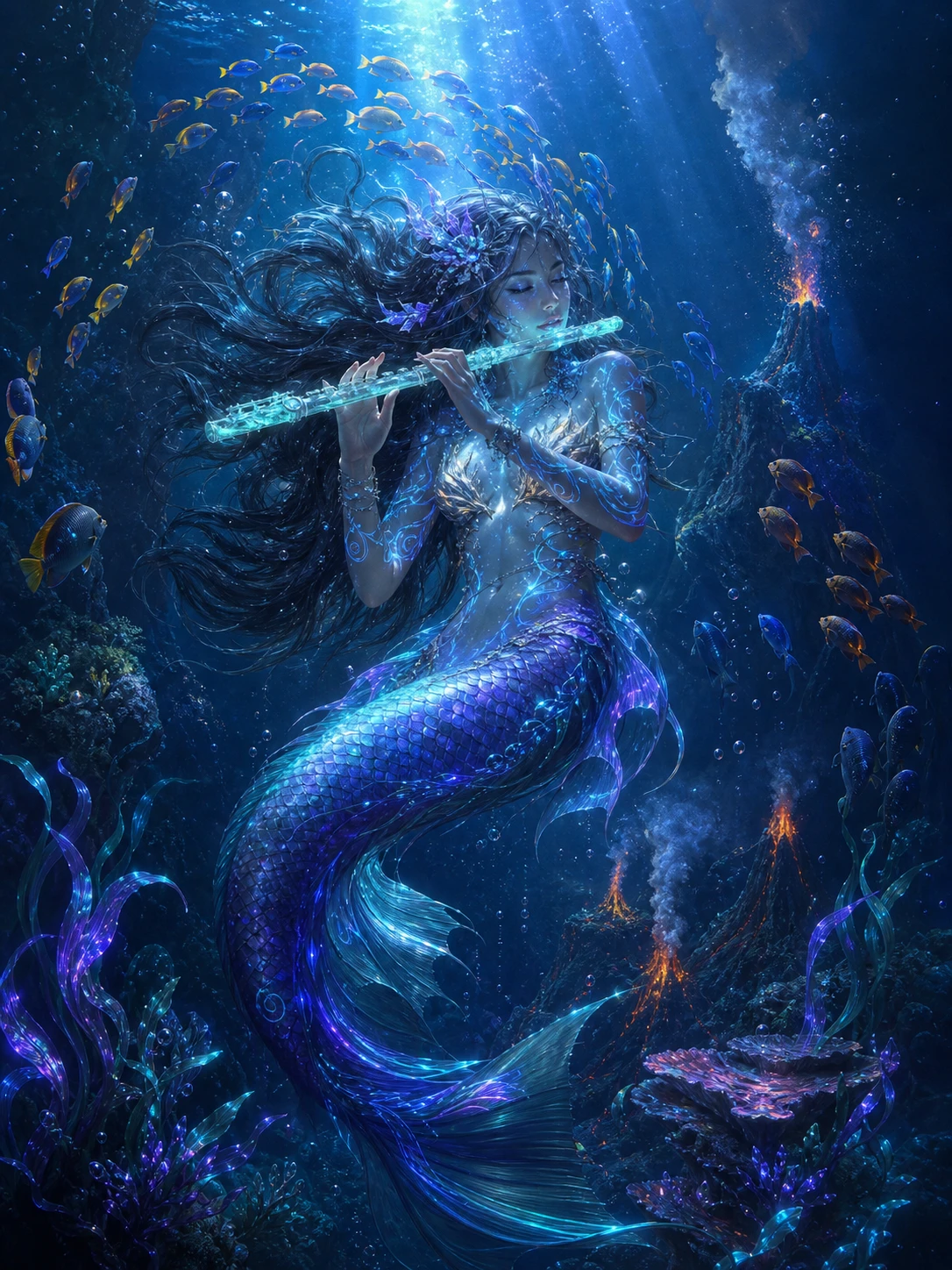 Serene mermaid playing a sea glass flute underwater