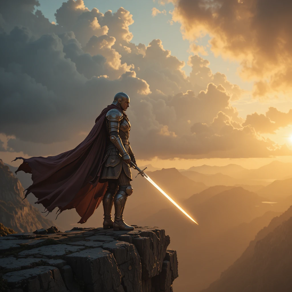 Guerrier en armure sur une falaise au coucher du soleil avec épée scintillante