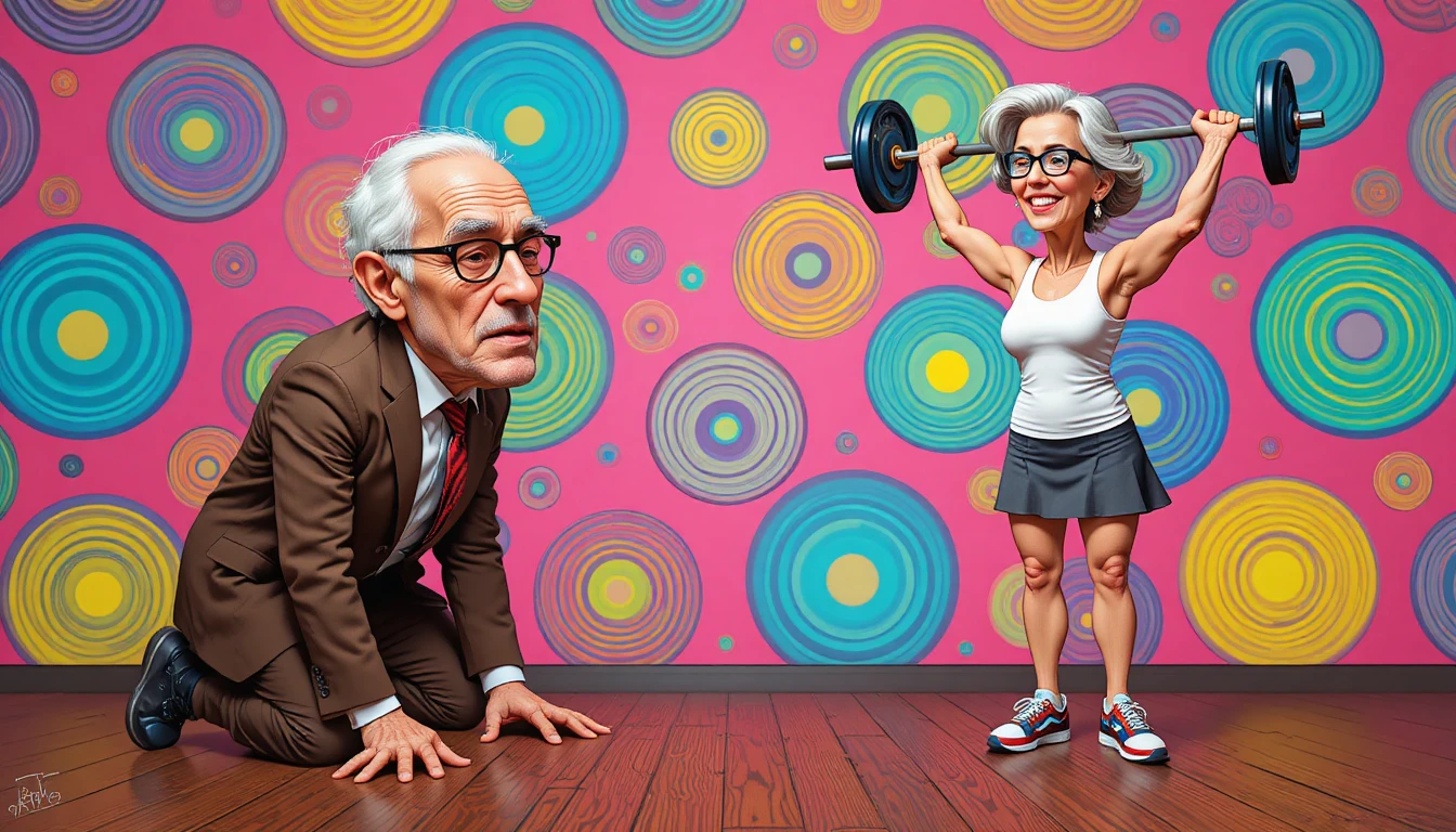 Elderly couple in a cartoon scene of strength and strain