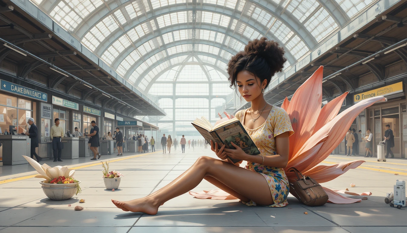 ファンタジー駅の巨大な魔法の花の上で本を読む少女