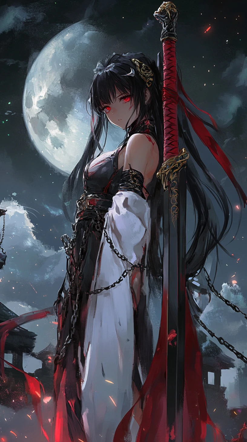 Anime-Mädchen mit heiliger keltischer Schwert auf Steintreppe