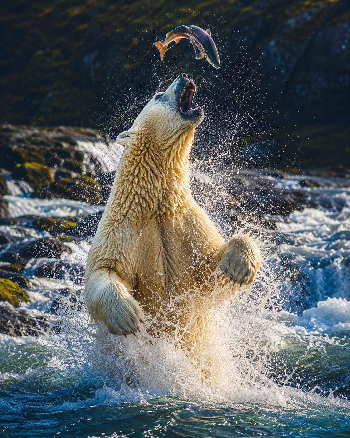 Oso polar atrapando un salmón con un poderoso salto en el río