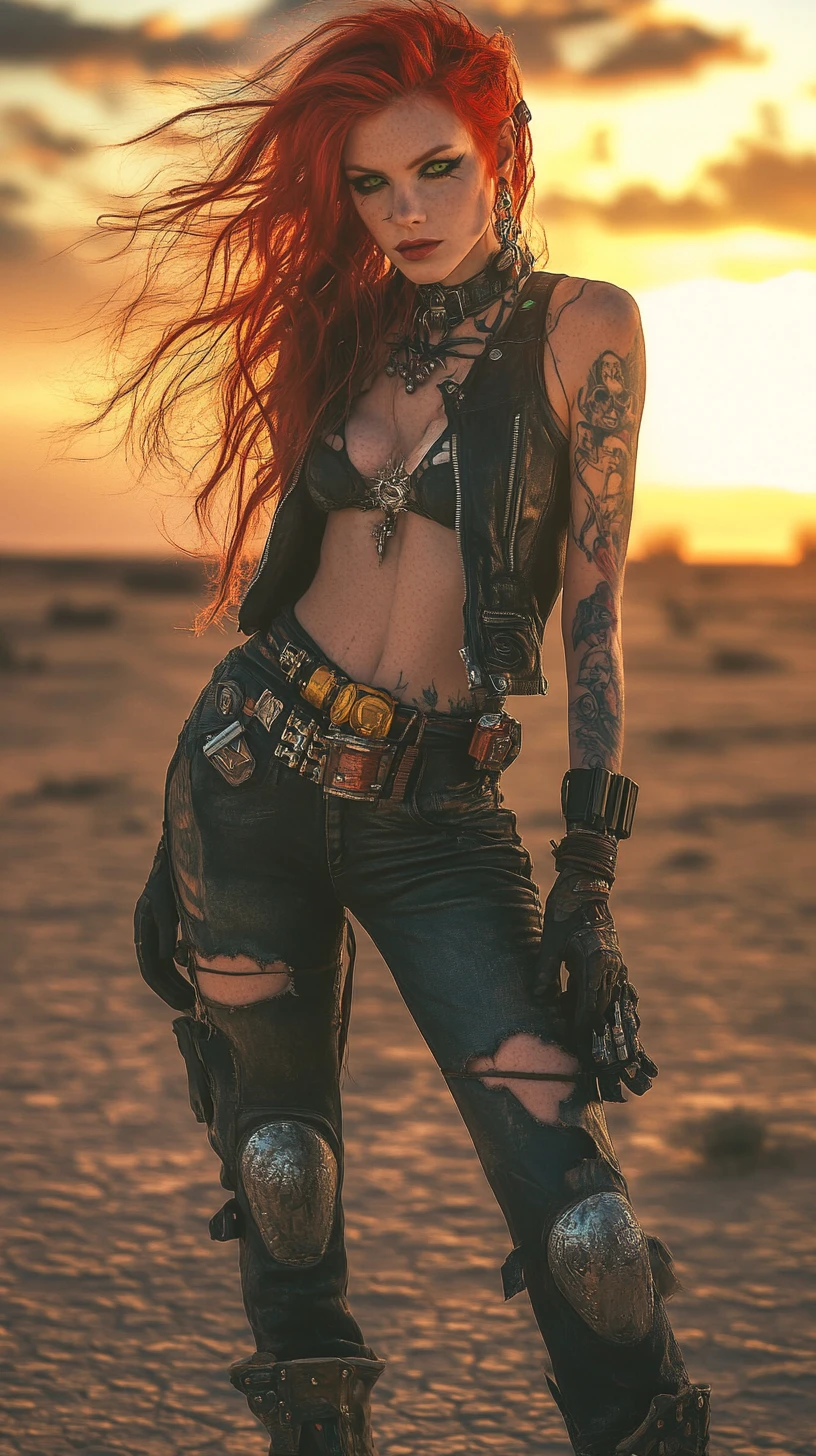Donna rocker dai capelli rossi tatuata al tramonto nel deserto