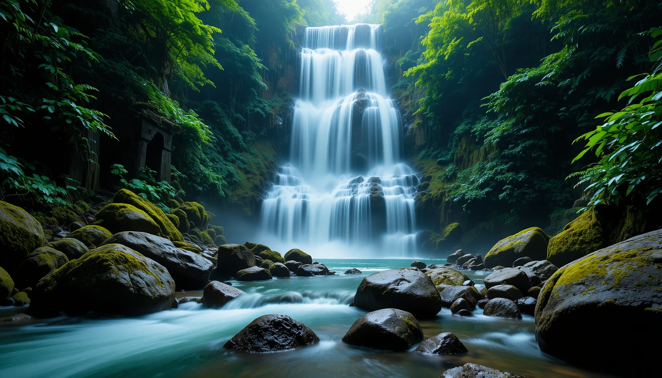 Majestic jungle waterfall with mossy rocks and flowing stream