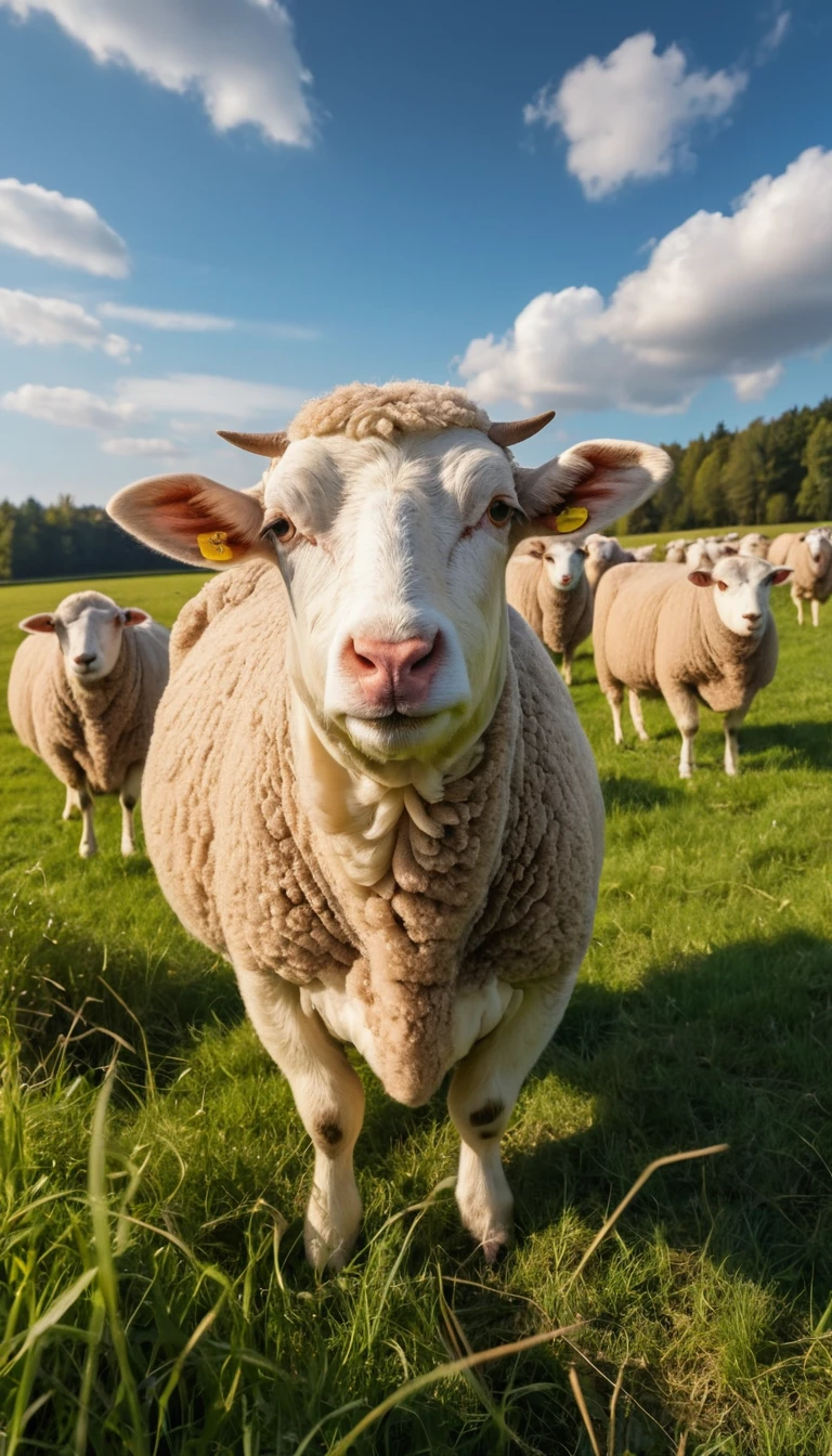 Troupeau de moutons humoristique marchant dans un pré ensoleillé
