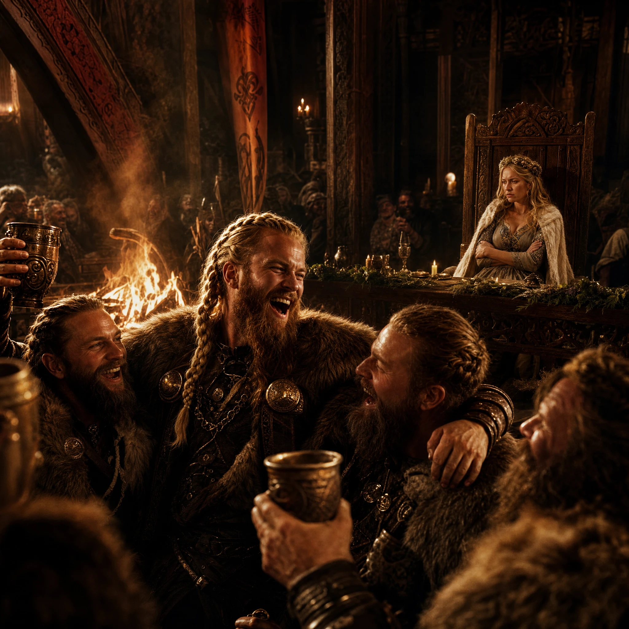 Laughing viking groom toasting in a crowded mead hall