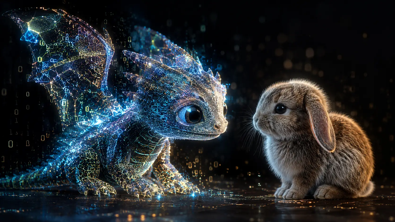 Hyperreal Baby Dragon Of Data Particles With Cute Rabbit