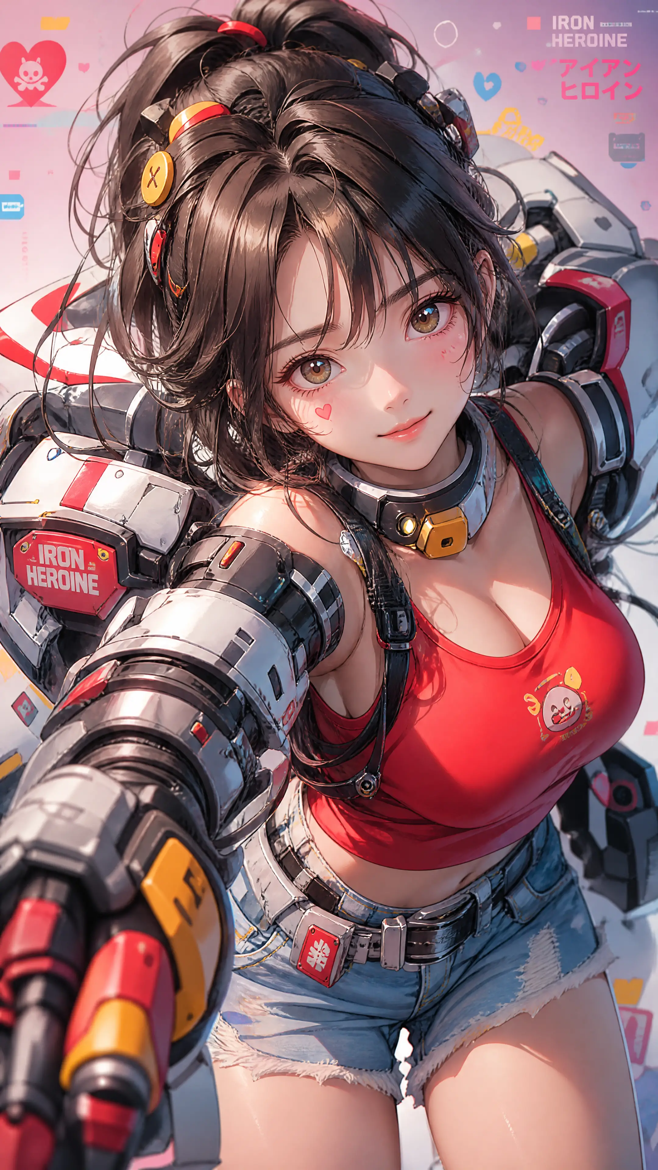 身穿盔甲、紅色上衣與牛仔短褲的動漫少女