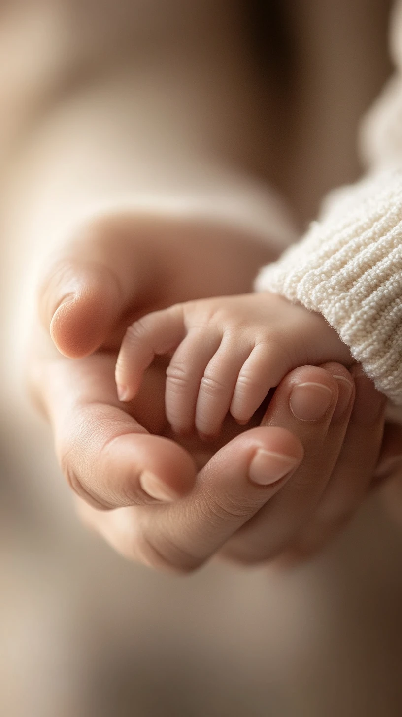 Mãos de bebê segurando dedos de adulto em luz quente e suave