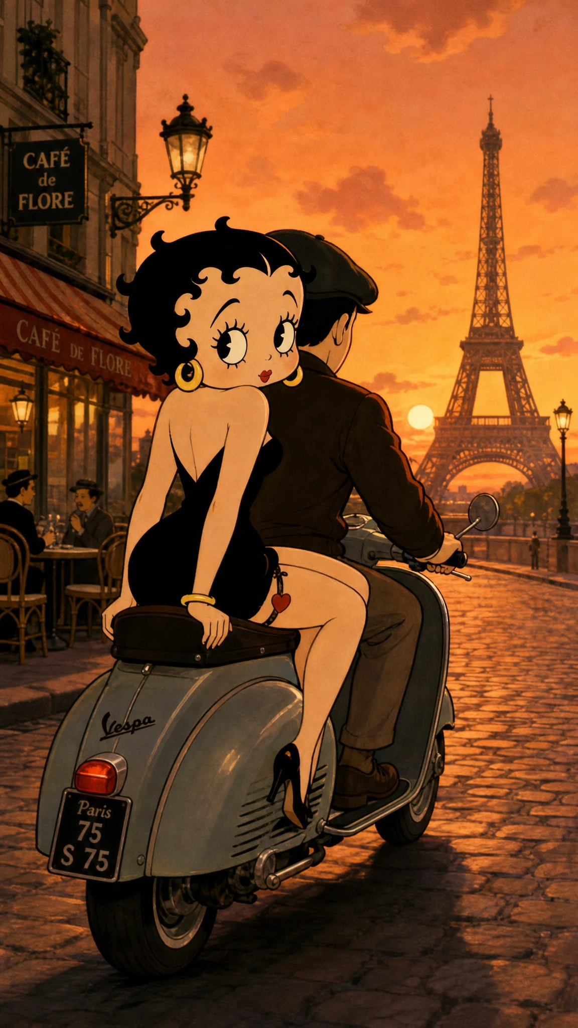 Cartoon woman riding a vintage scooter in Paris at sunset