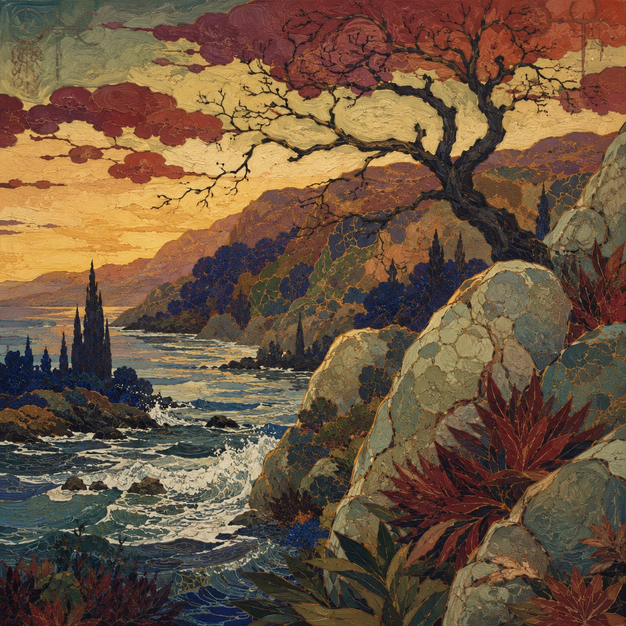 Pintura a óleo estilizada de paisagem costeira com litoral rochoso