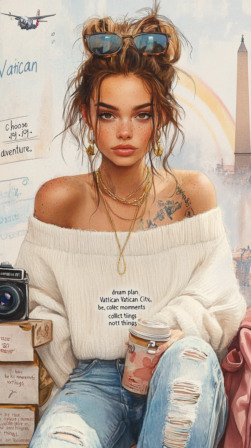 Stylish young woman with coffee in mixed media portrait