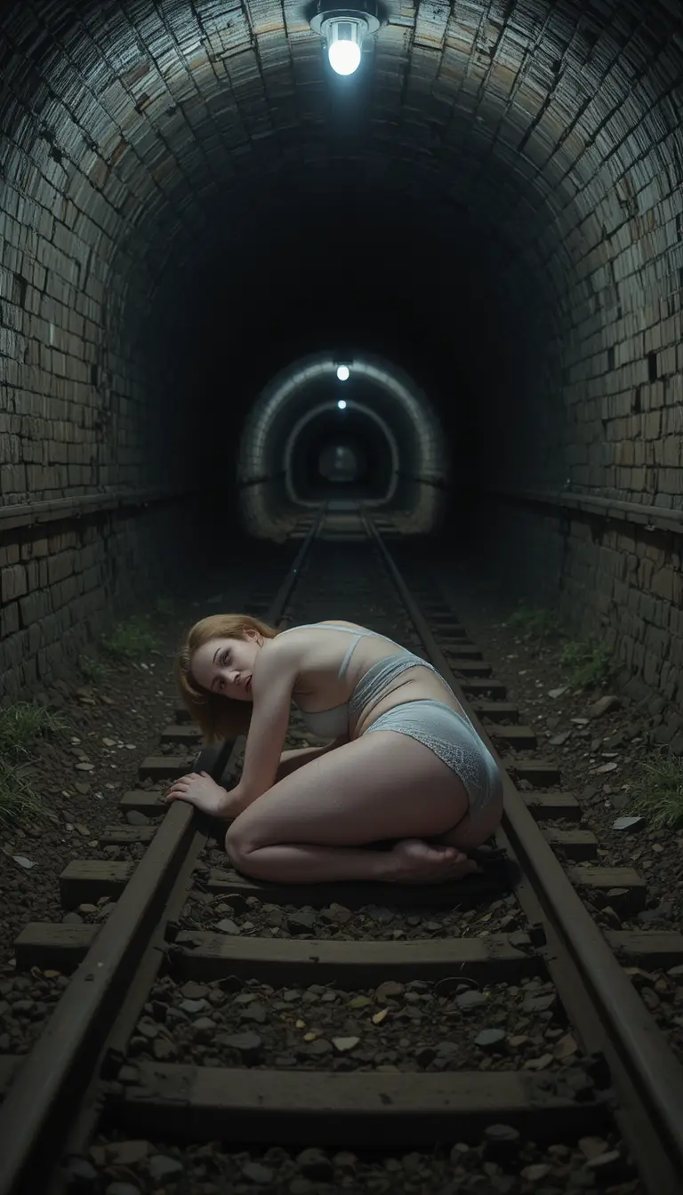 黑暗鐵路隧道軌道上蜷縮的女子