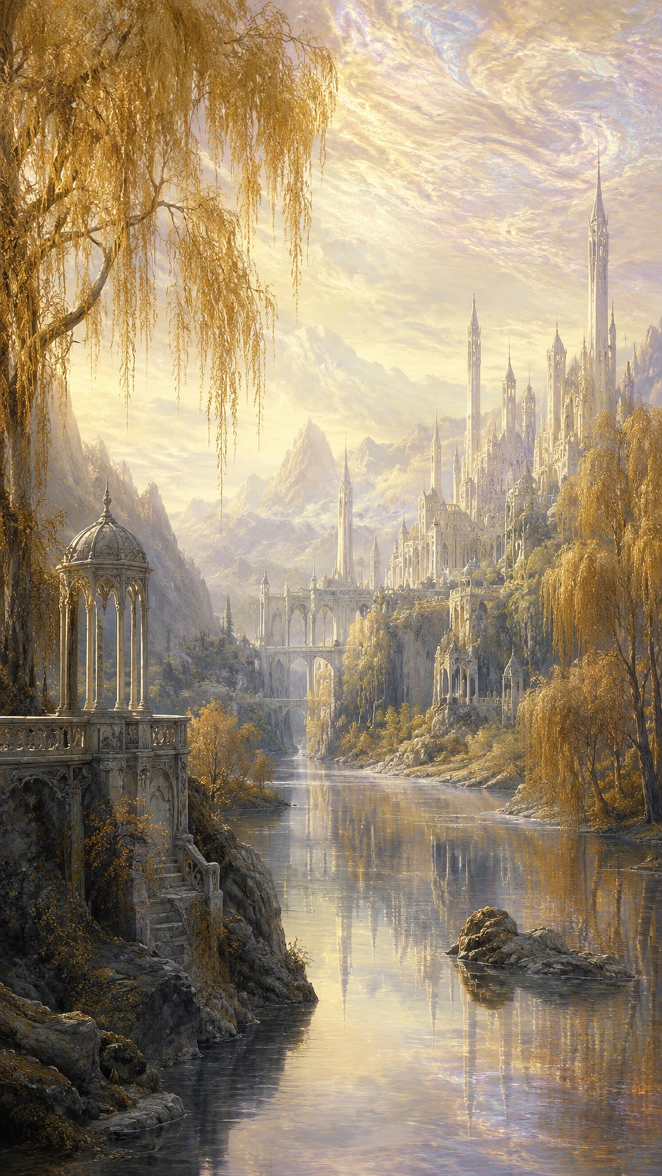 Majestueuse vallée fluviale fantastique avec saules dorés et ville