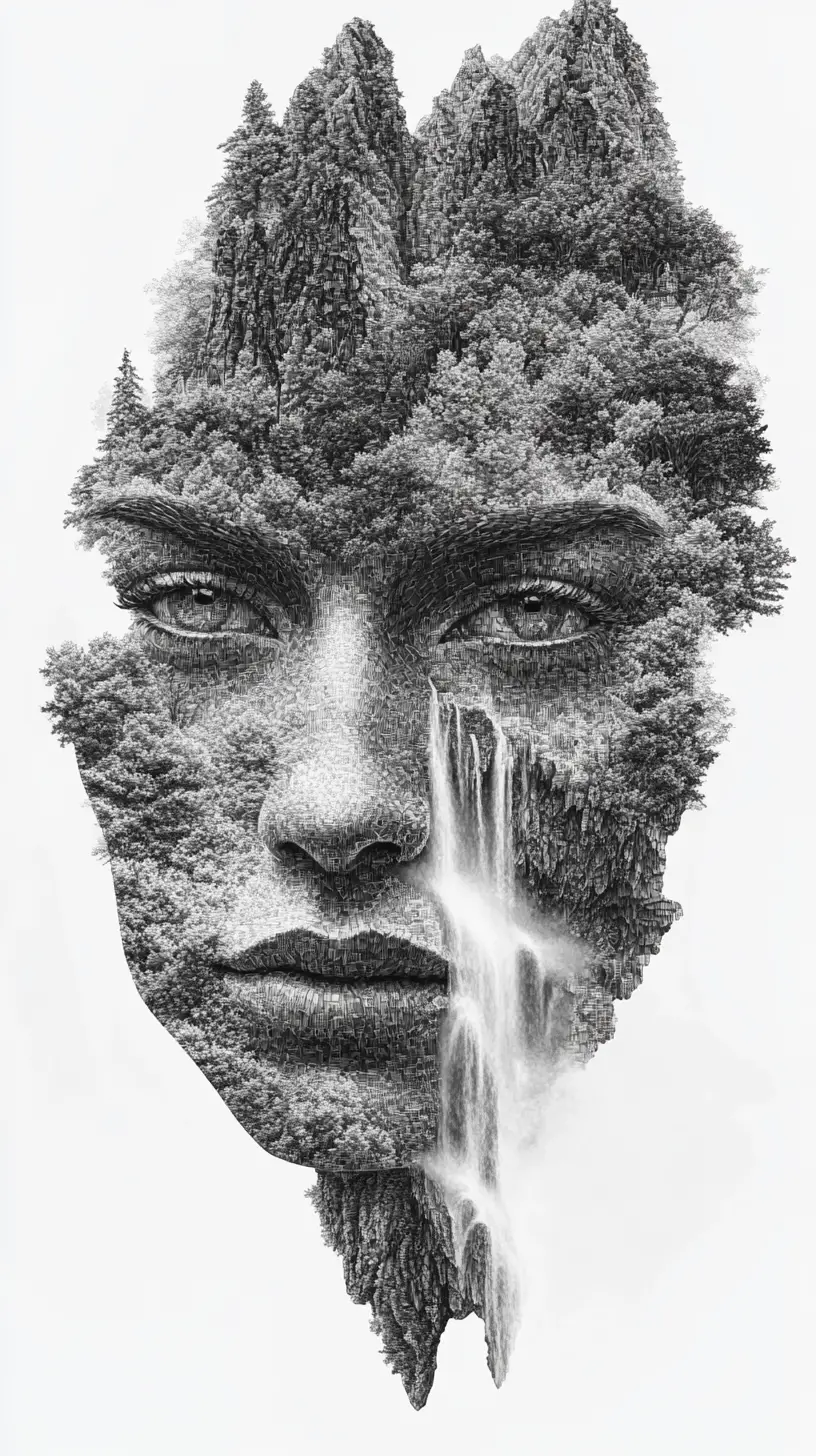 Paisagem montanhosa surreal formando um rosto humano ao longe