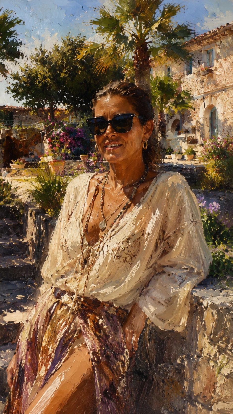 Jovem mulher hippie posando sob a intensa luz do sol mediterrâneo