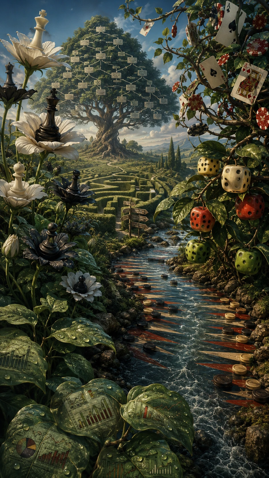 Surreal chess inspired flowers growing like strategic game pieces