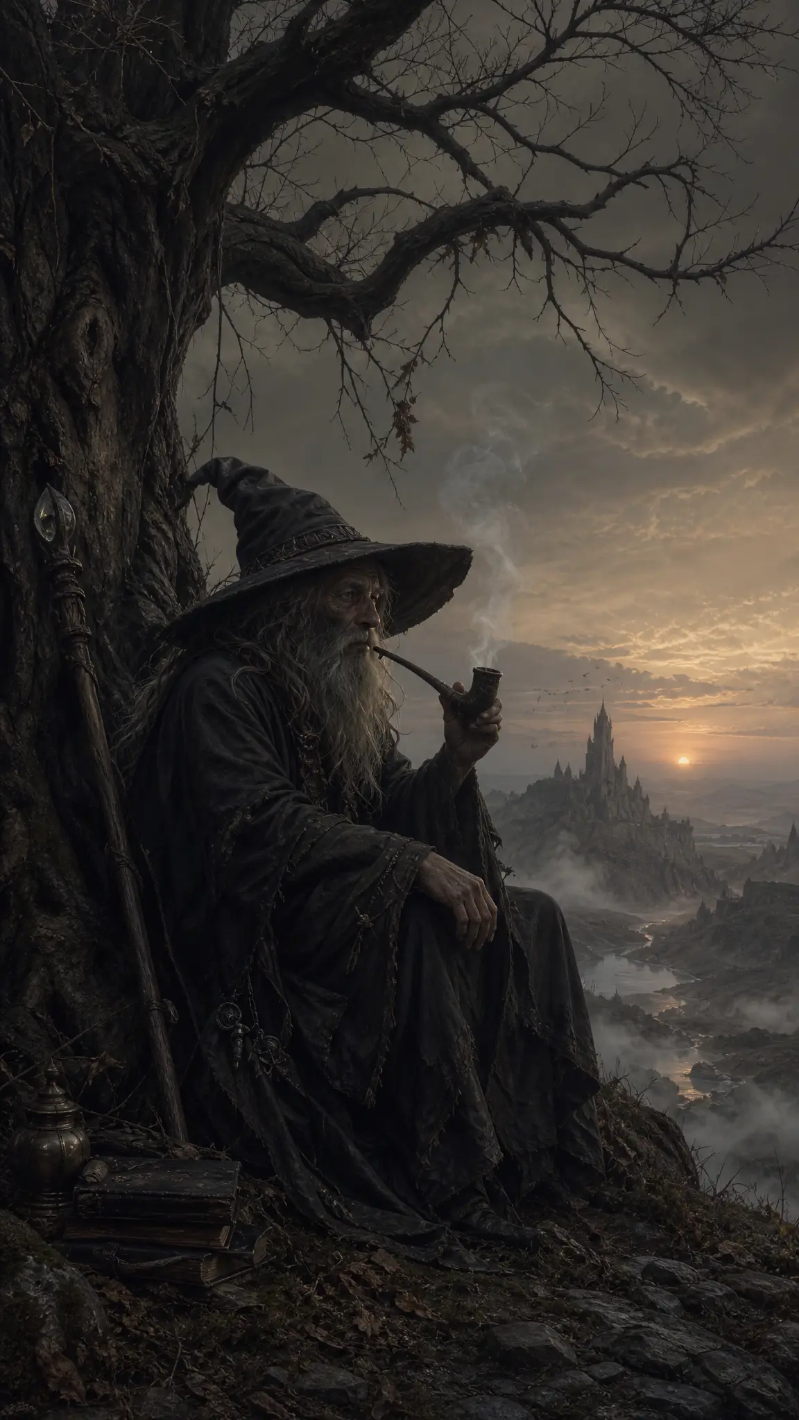 Old wizard beneath ancient tree at dawn with pipe smoke