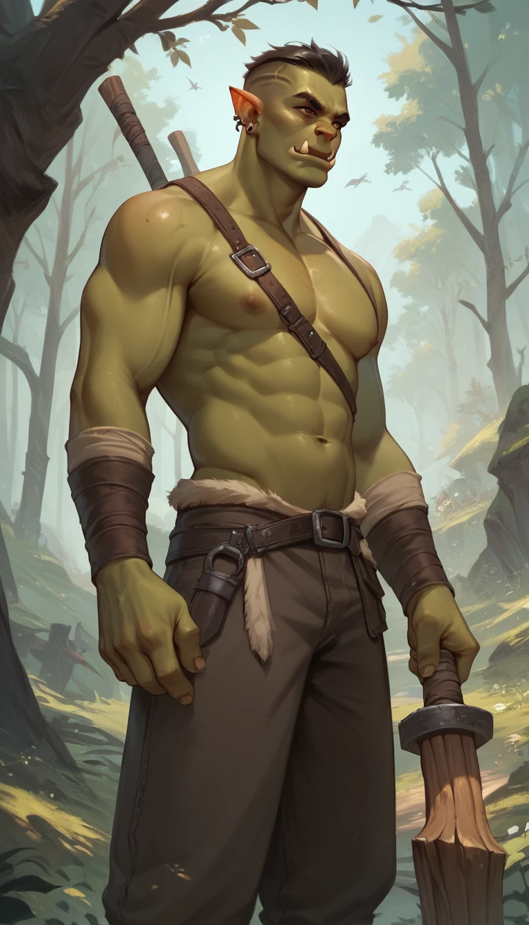 Guerreiro orc de perfil segurando arma de madeira na floresta