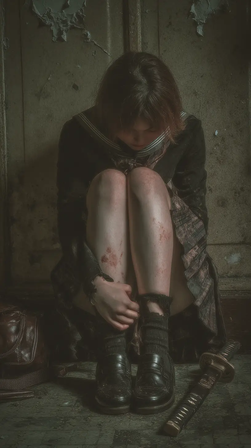 廢墟破敗教室裡蜷縮在地板上的女學生