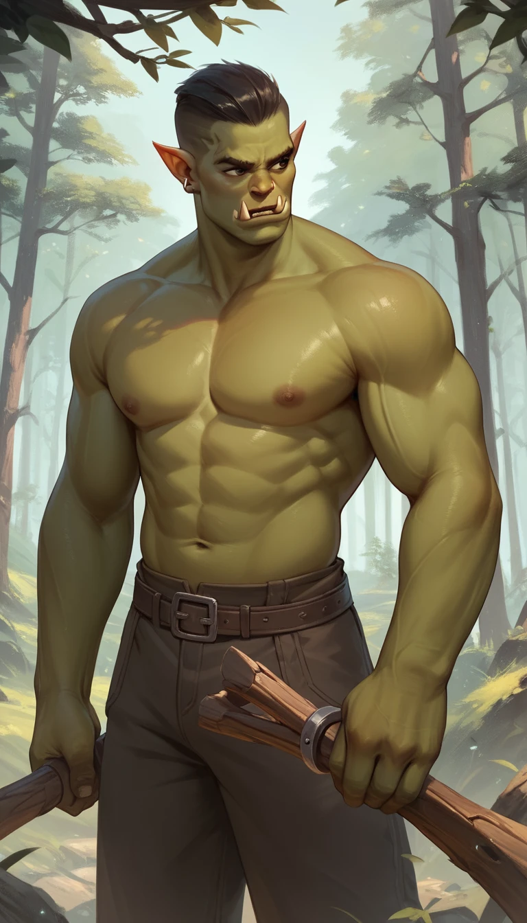 Guerreiro orc segurando uma arma de madeira na floresta