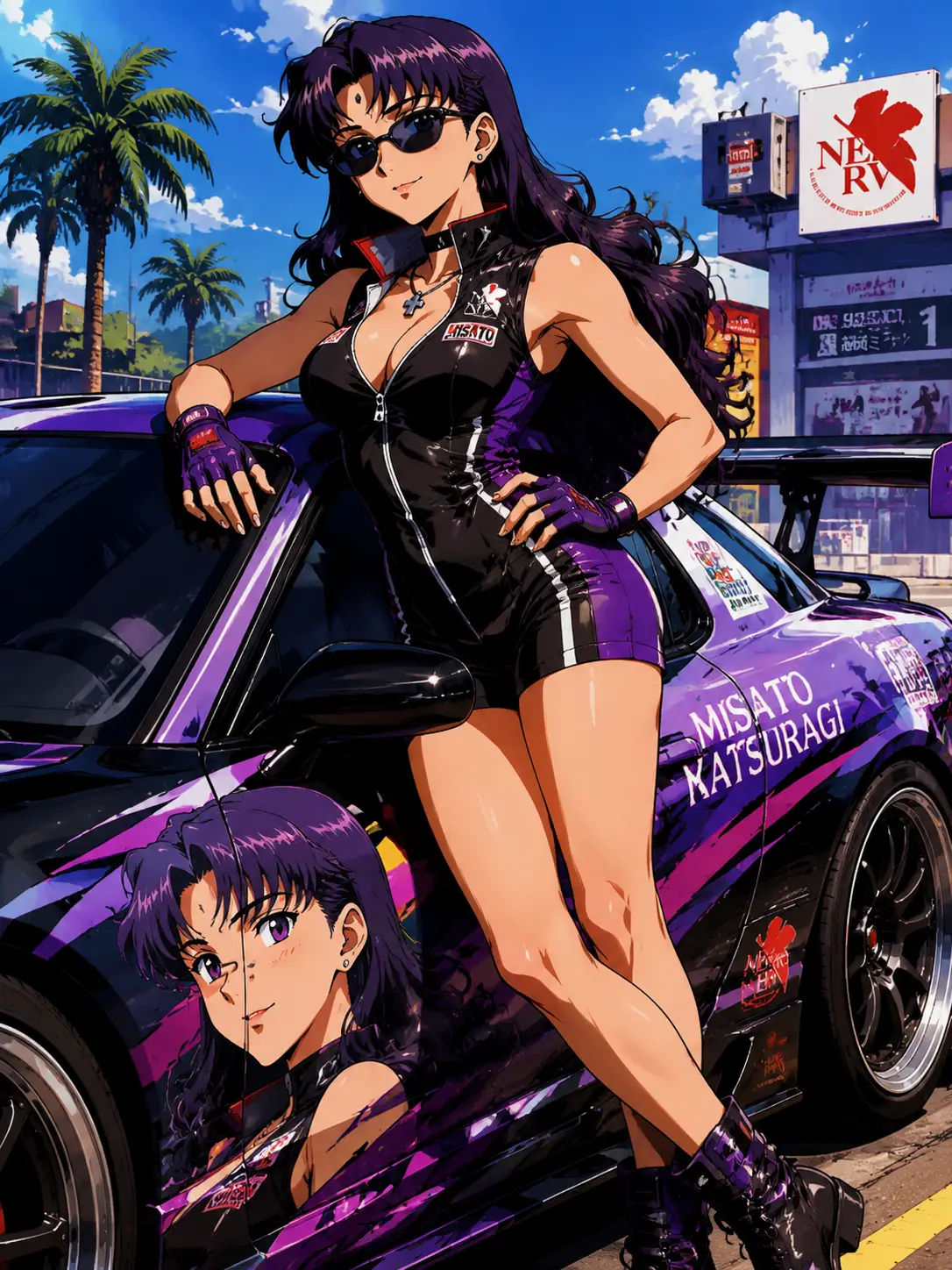 自信滿滿的賽車系動漫美女站在跑車旁擺姿勢