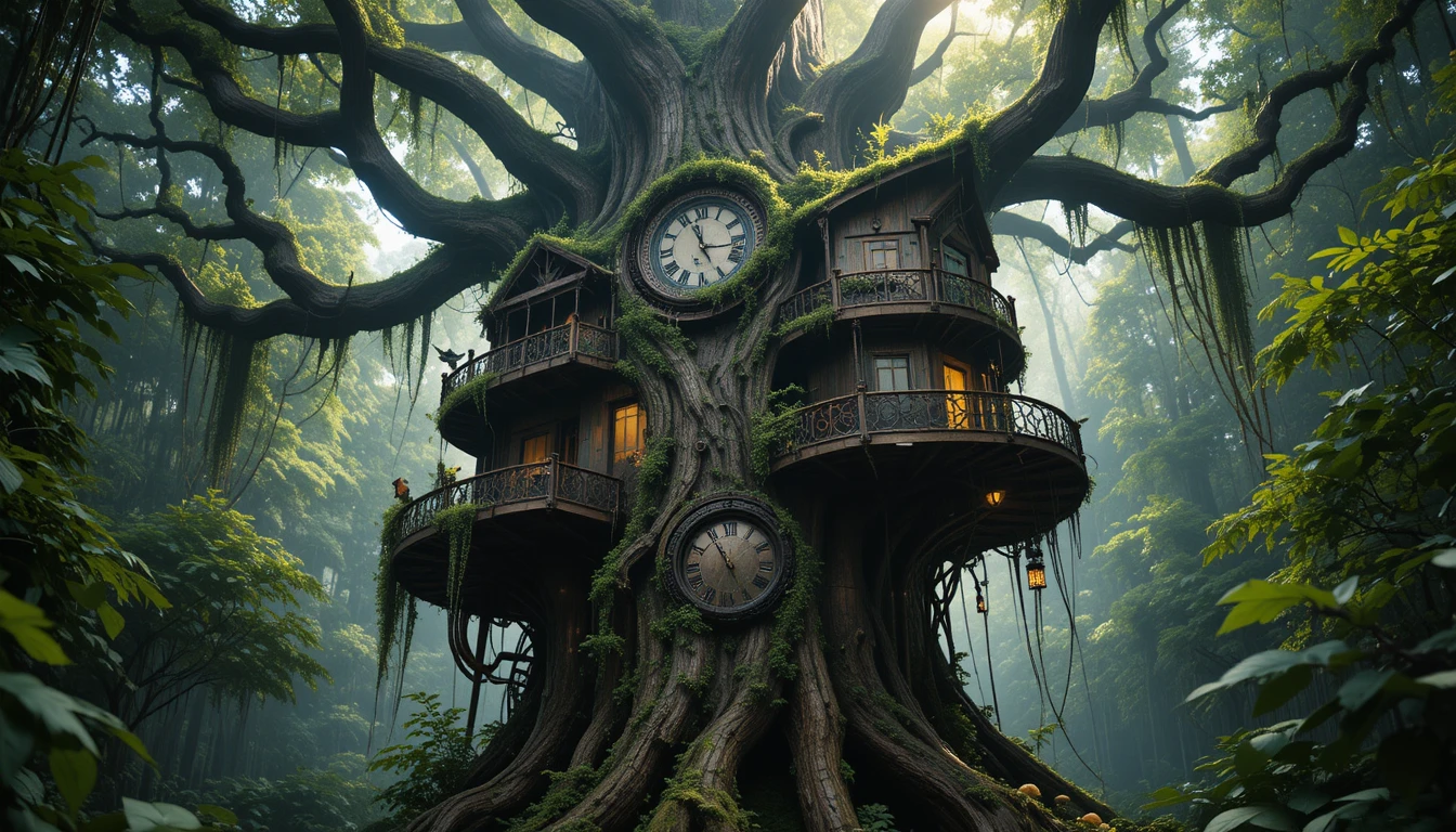 古老森林中的奇幻鐘錶樹屋