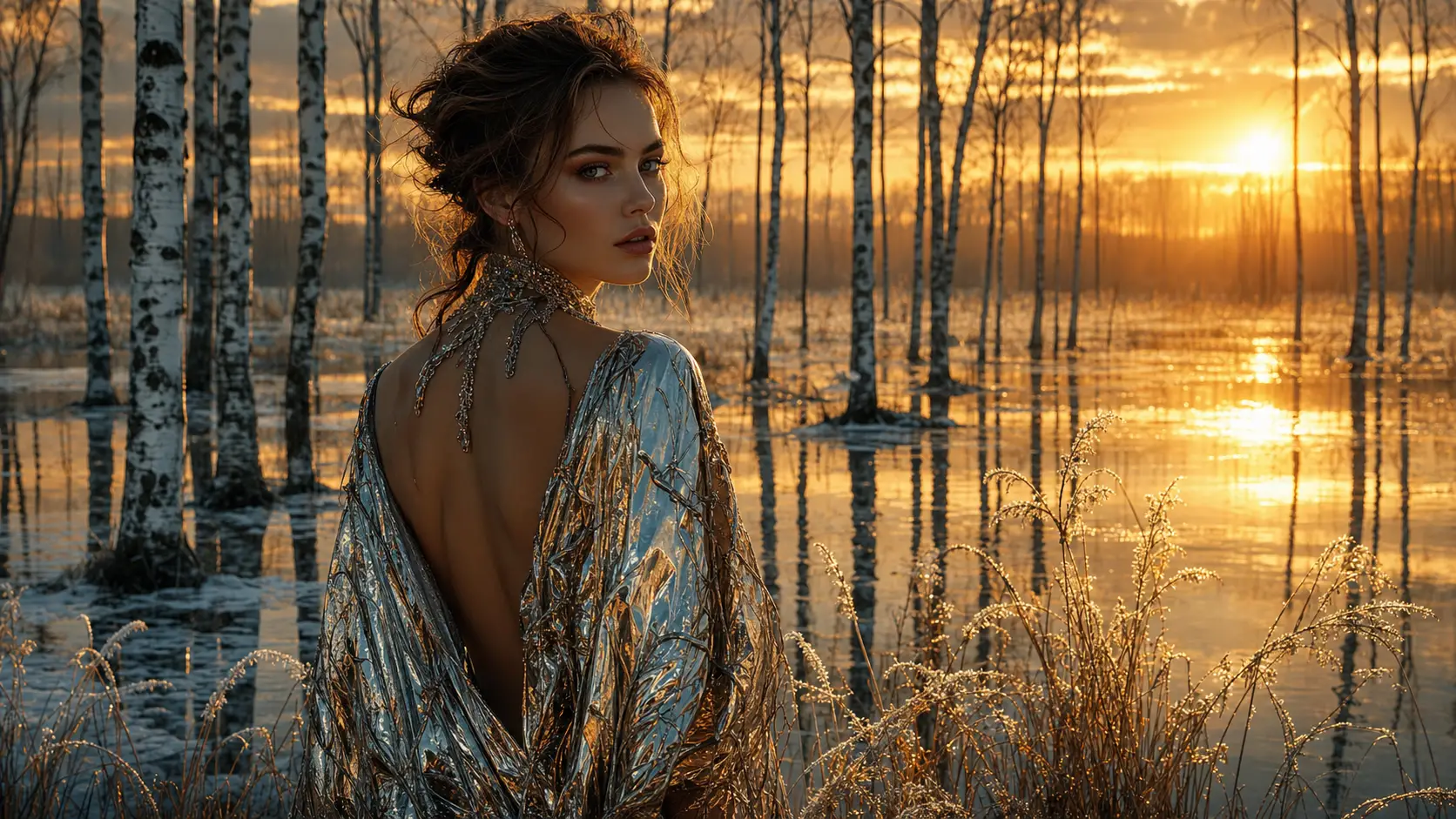 Woman in birch forest beside mirrored swamp at sunset