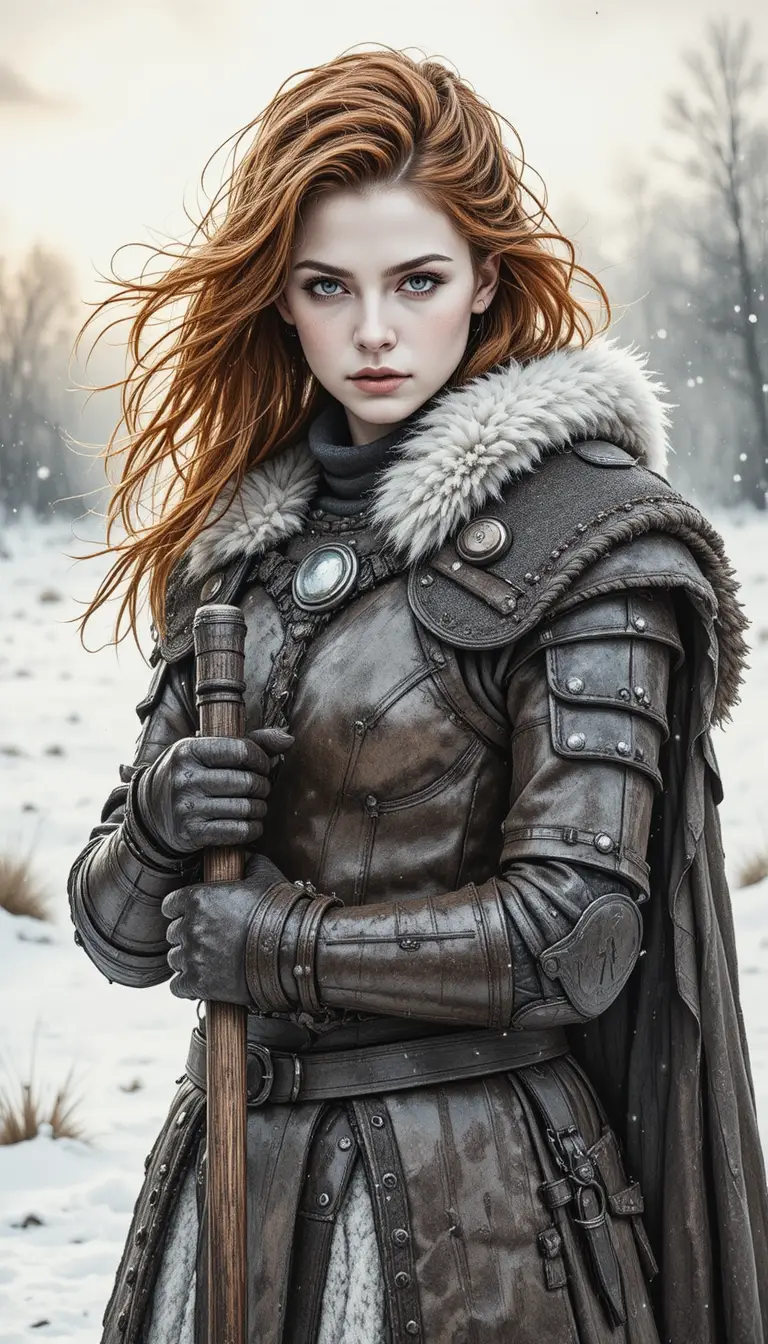 Viking woman in armor in a cold winter landscape