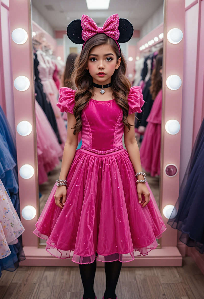 Adolescente nervosa de vestido rosa da Minnie posando no depósito
