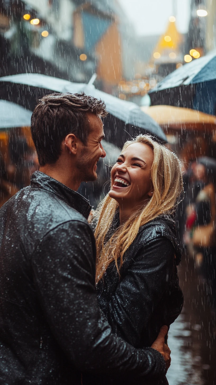 Casal loiro rindo na chuva em feira ao ar livre